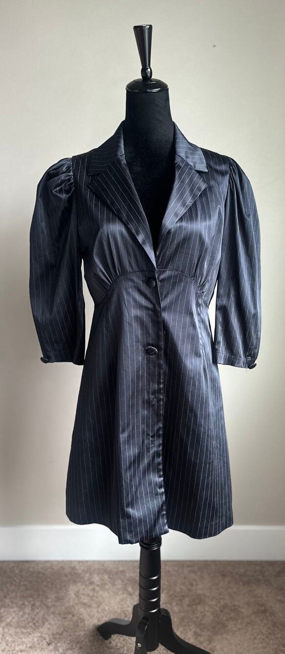 URBAN REVIVO PinStripe Puff Sleeve Midi Navy Jacket Dress Size 8